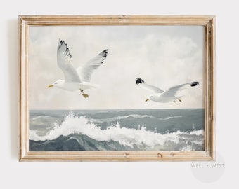 Meeuwenprint | Gedempt schilderij kustvogel | Afdrukbare badkamerkunst | Nautische jongenskamerkunst | Strandhuisdecoratie | Muurkunst oceaan | P550