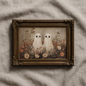 Cute Ghost Wildflower Print | Vintage Style Ghost in Meadow Painting | Halloween Printable Art | Spooky Dark Academia | Autumn Floral | P698