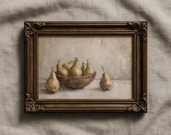 Téléchargement de peinture poires | Décoration murale de cuisine | Peinture à l'huile antique imprimable | Nature morte | Impression numérique | P009