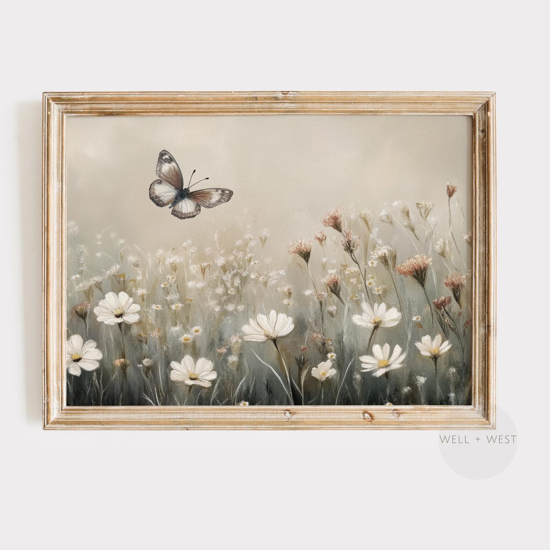 夏の蝶のプリント | ヴィンテージスタイルの野花の絵画 | コテージコア