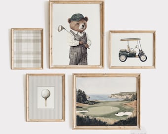 Juego de cinco láminas de golf / Arte de golf estilo vintage / Decoración infantil de oso golfista / Arte imprimible para habitación de niño / Galería deportiva neutral / PS147
