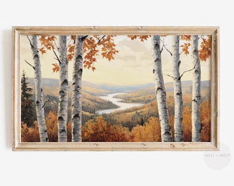 May include: A framed painting of a fall landscape with a river winding through a valley. The trees are mostly birch trees with white bark and yellow leaves. The sky is a pale blue with some clouds.