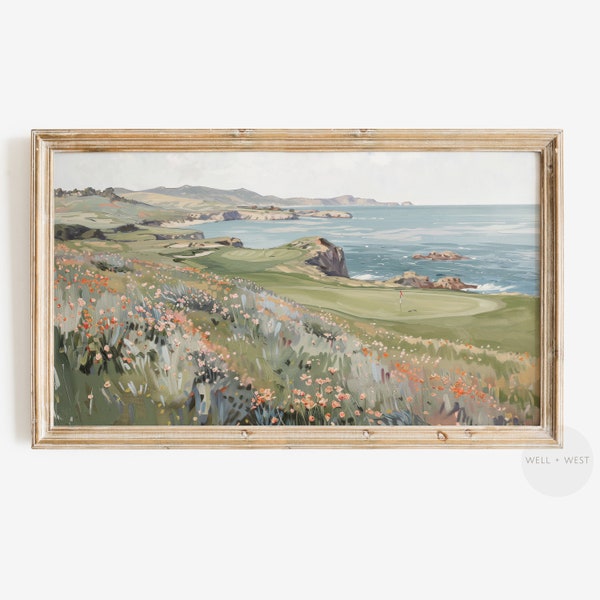 Golf Frame TV Art | Summer Coastal Wildflower Landscape Painting | Home Office Decor | Golf Lover TV Art | Golfer Gift Idea | TV015