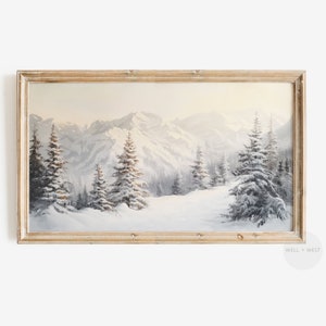 Winter Samsung Frame TV Art | Vintage Style Snowy Mountain Landscape Art | Rustic Cabin Christmas Decor | Neutral Winter Forest | TV190