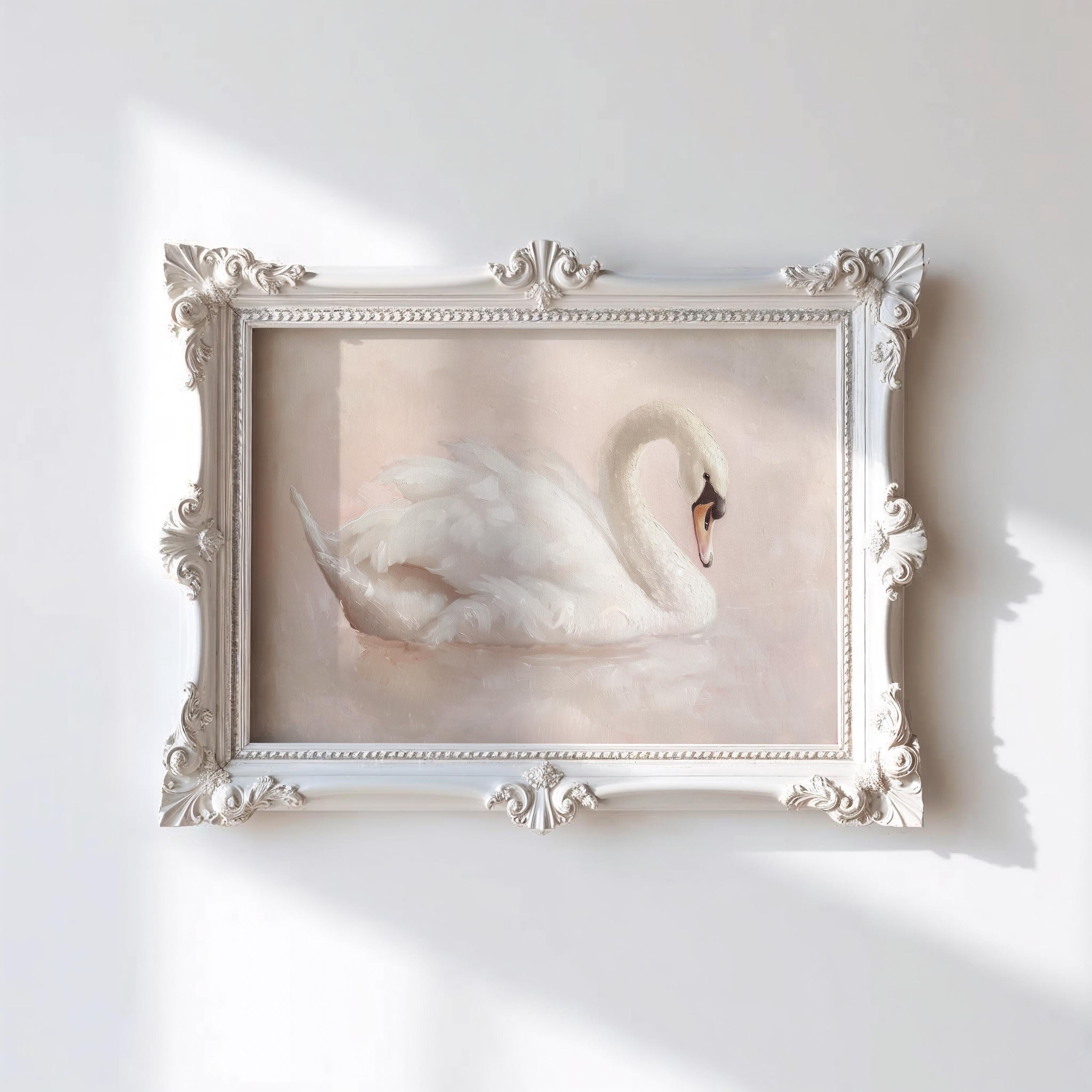 Swan Art Print | Soft White Swan Painting | Light Pastel Pink Art ...