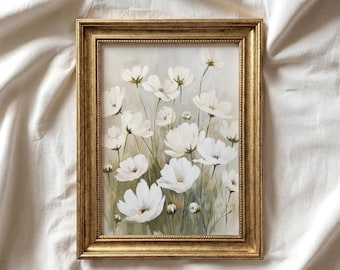 Spring Floral Wall Art | White Flower Oil Painting | Botanical Art Printable | Neutral Nursery Decor | Light Academia Aesthetic | P144