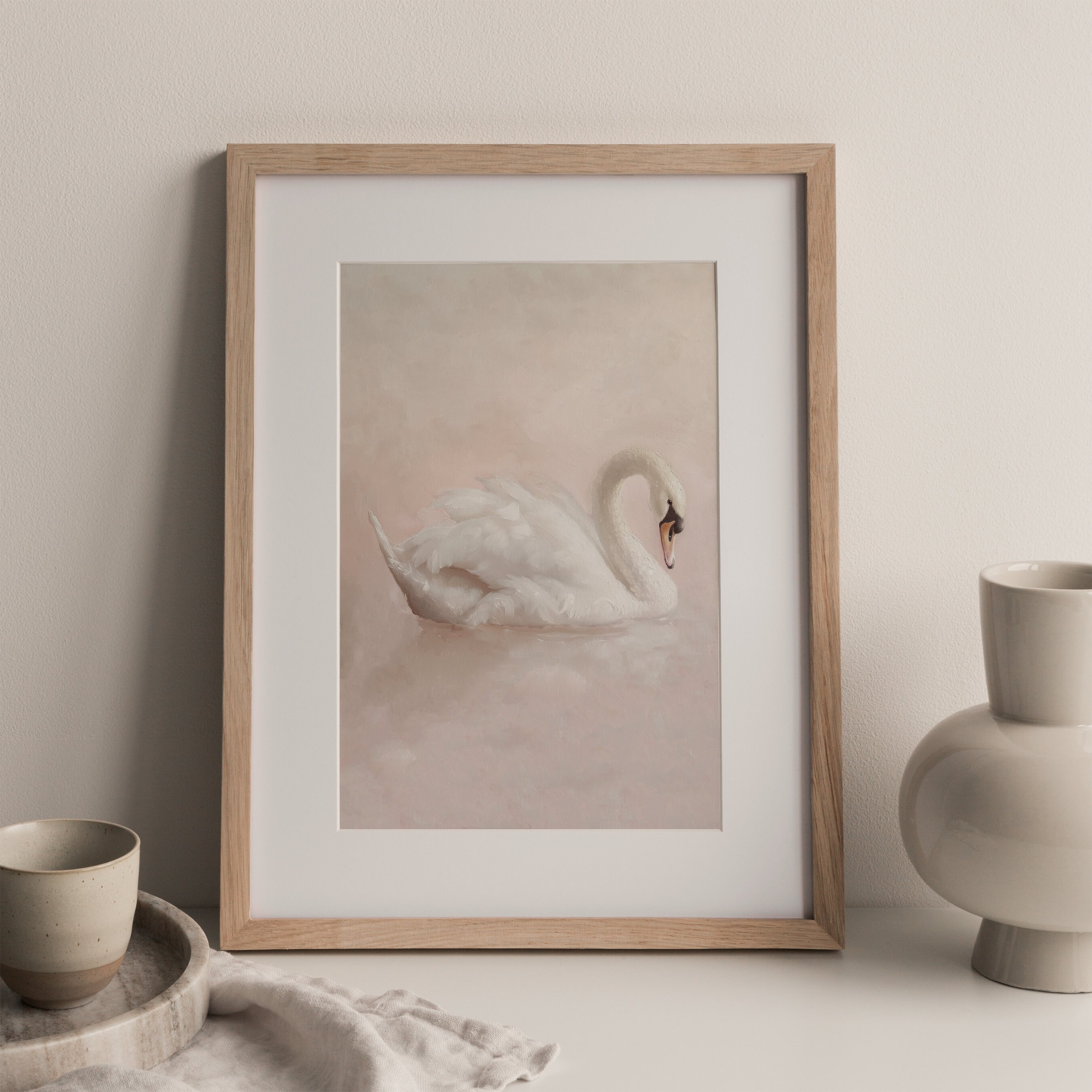 White Swan Art Print | Soft Muted Swan Painting | Light Pastel Pink ...
