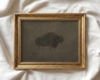 Vintage Druck Büffel | Bison Ölgemälde | Minimalistische rustikale westliche Kunst | Bauernhaus südwestlichen Dekor | Dunkel Moody druckbare Kunst | P062