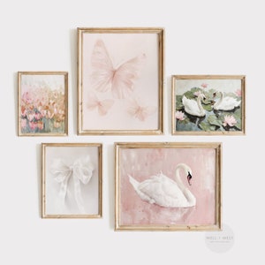 Coquette Wall Art Set of Five | White Swan Vintage Painting | Pastel Pink Butterfly | Girl Nursery Printable | Floral Pink Room Decor | PS06