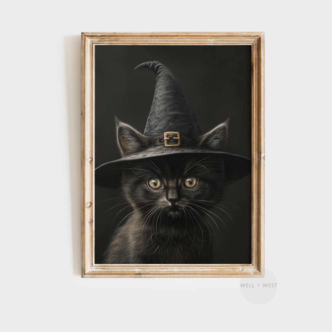 Halloween Print | Cute Black Cat Painting | Moody Vintage Style Fall ...