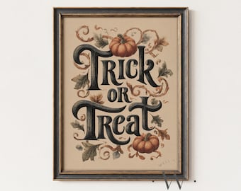 Trick or Treat print | Halloween muurdecoratie in vintage stijl | Speelse print voor het griezelige seizoen | Pompoenillustratie Halloween decoratie | P780