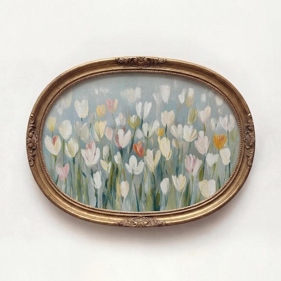Abstract Tulips Print Vintage Style Pastel Flowers Painting Botanical Garden French Country Decor Floral Printable Art Muted Blue Print P970