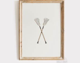Lacrosse Sticks Print | Vintage Style Crosse Illustration | Boys Room Nursery Printable Art | Sports Office Decor | Sports Lover Gift | P700