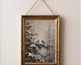 Winter Vogel Poster | Vintage Style Vogel Gemälde | Verschneite Winterlandschaft | Rustikale Bauernhaus Kunst | Neutraler gemütlicher immergrüner Wald | P791