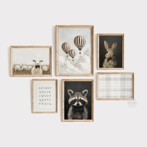 Vintage Boy Nursery Set of Six | Neutral Tone Oil Painting | Boy's Room Animal Prints | Kids Room Decor | Antique Playroom Wall Art | PS116