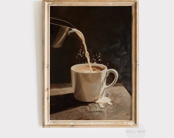 Neutraler Kaffee Kunstdruck | Stimmungsvolle Küchenwandkunst | Vintage Stillleben-Malerei | Kaffee-Bar-Dekor | Einweihungsgeschenk für Kaffeeliebhaber | P006