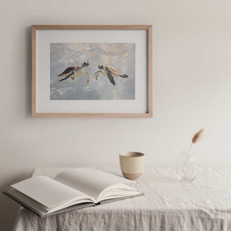 Sea Turtle Print | Pastel Blue Painting | Beach House Decor | Vintage Style Coastal Bathroom Wall Art | Boy Nursery Tropical Wall Art | P169 image 5