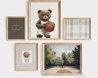 Basketball Set of Five Prints | Vintage Style Basketball Paintings | Teddy Bear Nursery | Boys Room Printable Art | Sports Gallery | PS143
