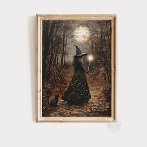 Witchy Printable Art | Spooky Witch Painting | Autumn Full Moon | Vintage Style Halloween Decor | Moody Fall Forest | Black Cat Art | P297