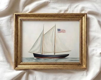 4th of July Ship Print | Vintage Style Sailboat Painting | Independence Day Decor | Patriotic American Flag | Americana Printable Art | P581