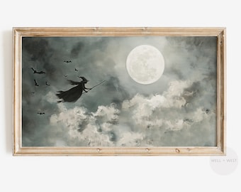 Halloween Frame TV Art | Vintage Witch On Broomstick Oil Painting | Spooky Full Moon Art | Samsung Frame TV Art | Dark Witchy Decor | TV227