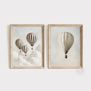 Juego de dos impresiones de globos aerostáticos / Globos aerostáticos de estilo vintage / Arte de pared antiguo neutro / Arte imprimible para habitación infantil / Decoración de habitación de niños / PS114