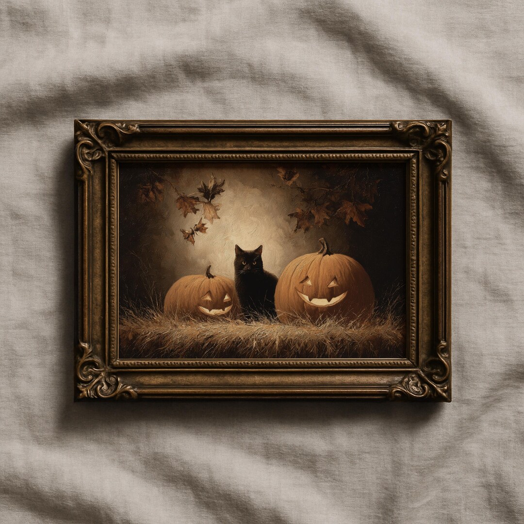 Dark Black Cat Print | Vintage Style Halloween Art | Spooky Jack O ...