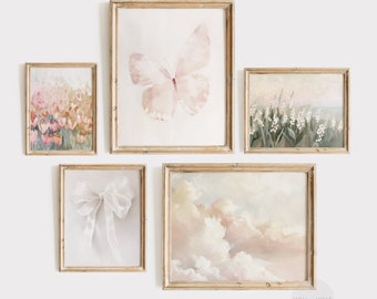 May include: Five framed art prints with a pastel color scheme. The prints feature a butterfly, a field of flowers, a field of lilies, a bow, and a cloudy sky.