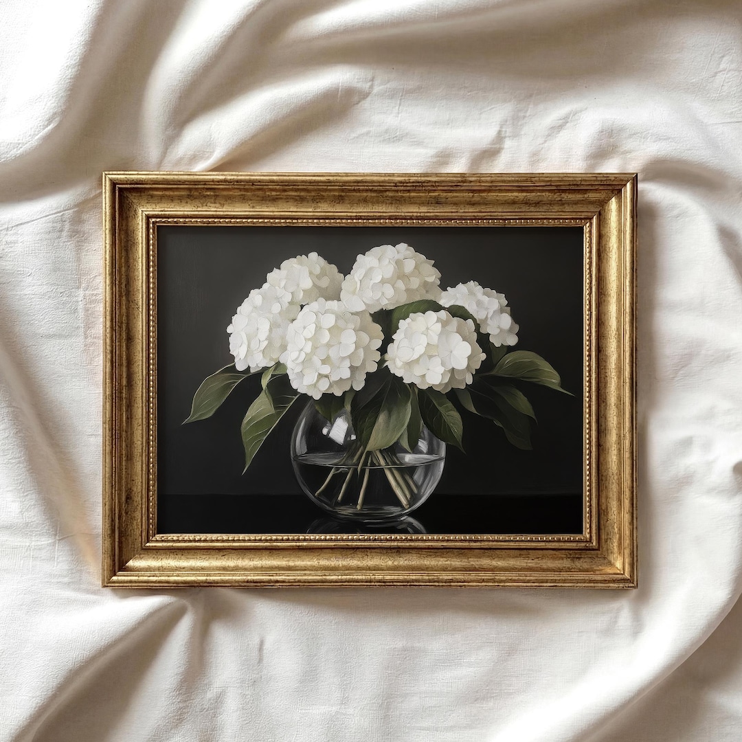 Moody Hydrangea Print | White Floral Painting | Dark Academia Wall Art ...