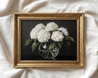 Moody Hydrangea Print | White Floral Painting | Dark Academia Wall Art | Living Room Printable Art | Vintage Style Farmhouse Floral | P485