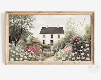 Summer Roses Frame TV Art | Vintage Style English Garden Painting | Colorful Spring Flowers | White Cottage | Farmhouse Country | TV598