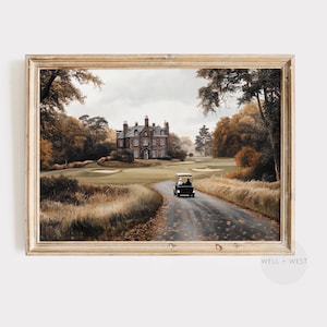 ゴルフプリント | 秋のゴルフコースの絵画 | ビンテージスタイルのムーディな秋の風景 | 男の子の部屋アート | オフィスの装飾 | ゴルフカートの壁アート | P321