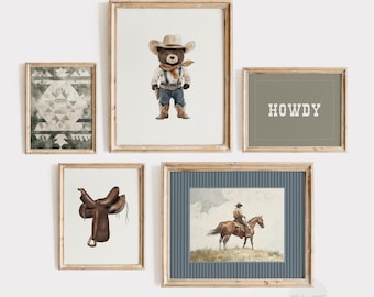 Juego de cinco láminas del Oeste / Arte vaquero de estilo vintage en verde salvia / Póster de bienvenida / Arte imprimible para habitación de niños en azul / Arte para guardería / PS151
