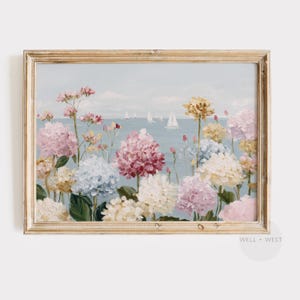 Colorful Hydrangeas Print | Vintage Style Pastel Flowers | Coastal Sailboat | Cottagecore Decor | Ocean Seascape | Pink Apartment Art | P732