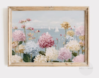 Colorful Hydrangeas Print | Vintage Style Pastel Flowers | Coastal Sailboat | Cottagecore Decor | Ocean Seascape | Pink Apartment Art | P732
