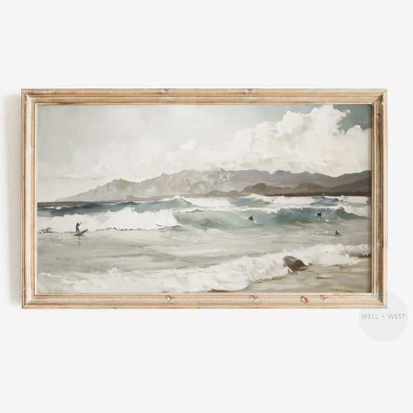 Summer Frame TV Art | Surfer Oil Painting | Vintage Ocean Landscape | Neutral Seascape Art | Coastal Beach House Decor | Surfer Gift | TV082