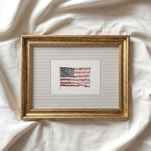 Puede incluir: Un marco dorado que contiene una impresión de la bandera estadounidense ondeando. La bandera roja y blanca está adornada con estrellas azules. El fondo es de rayas grises y blancas. El marco es rectangular.