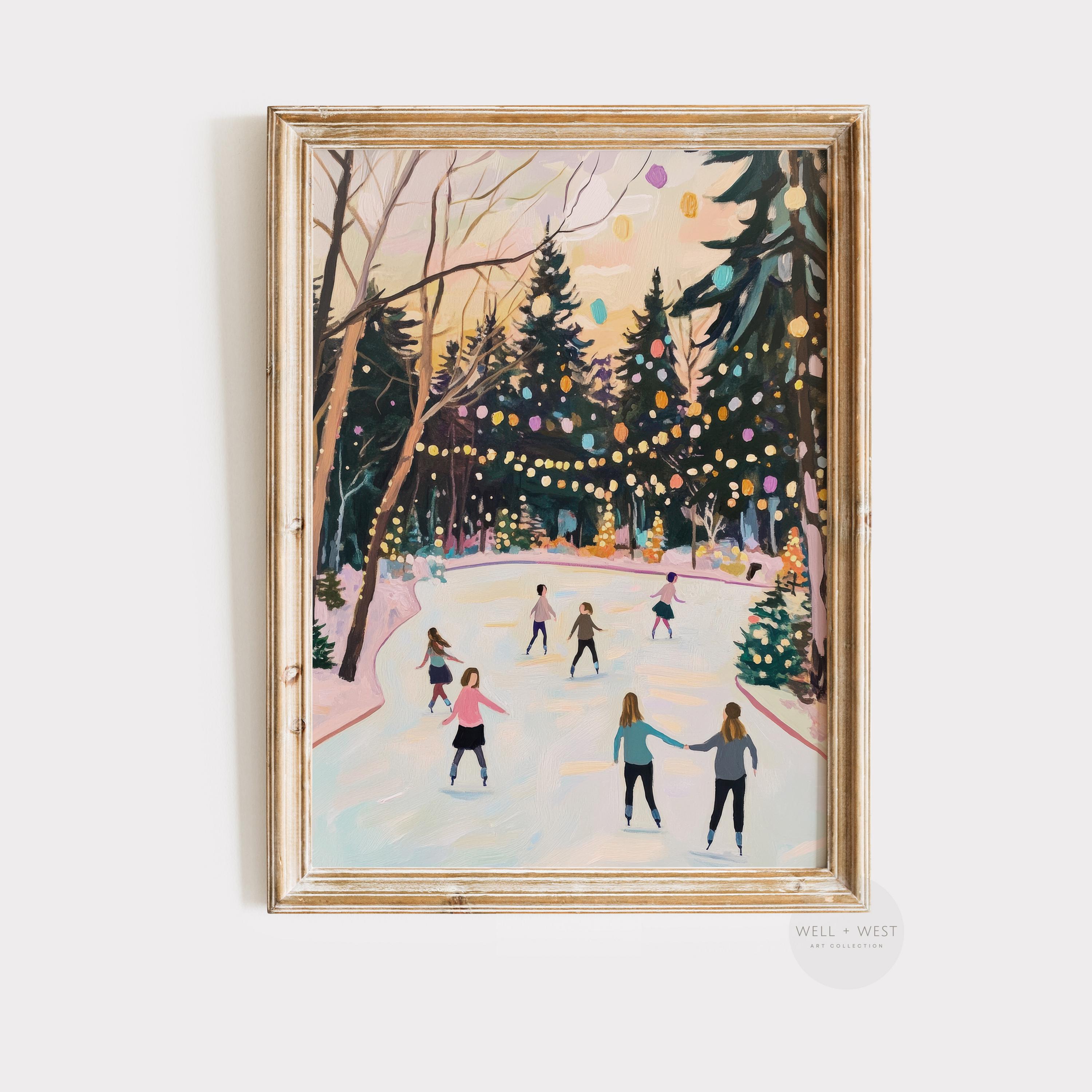 Pastel Ice Skating Print | Vintage Style Winter Landscape | Printable Pink Christmas | Seasonal Wall Art | Winter Whimsical Tree Art  | P369