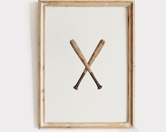 Lámina con estampado de bate de béisbol / Arte de béisbol estilo vintage / Láminas para imprimir para habitación infantil / Decoración deportiva para oficina / Decoración neutra para guardería / Regalo para amantes del deporte / P646