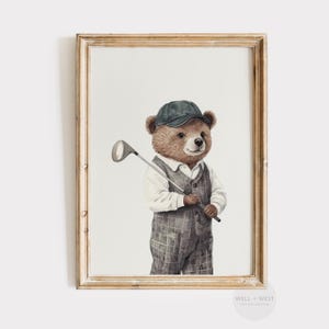 Golf Bear Print | Vintage Style Golfer | Boys Room Printable Wall Art | Sports Office Decor | Neutral Nursery Art | Golf Lover Gift | P576