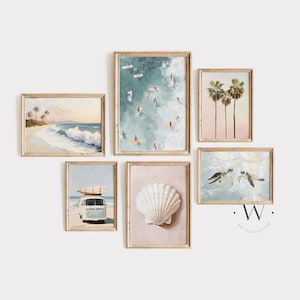 Beach Gallery Set of Six Prints | Pastel Boho Summer Art | Surfing Printable Wall Art | Coastal Beach House Decor | Tropical Ocean | PS163