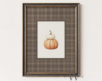 Stacked Pumpkins Print | Vintage Style Pumpkin Illustration | Brown Plaid Neutral Fall Wall Art | Autumn Thanksgiving Decor Printable | P692