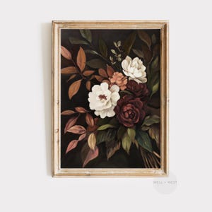 Herbst Blumendruck Vintage Stil | Dunkle Ästhetische Blumenmalerei | Stimmungsvolle botanische Kunst | Herbst botanische Kunst | Erntedank Dekor | P261