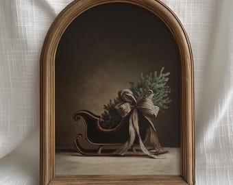 Trineo con árbol de Navidad: Decoración navideña de estilo vintage neutro con lazo a rayas, lámina imprimible (descarga digital) P840
