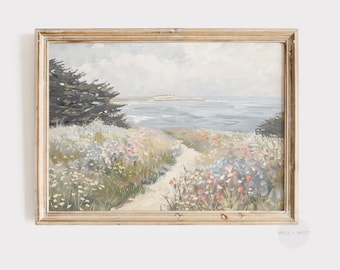 Wilde bloemenprint | Zomer kust oceaanlandschap schilderij | Vintage strandhuisdecoratie | Afdrukbare pastelkleurige bloemen lente muurkunst | P204