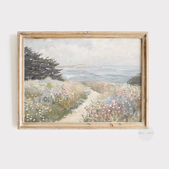 Wildflower Print | Summer Coastal Ocean Landscape Painting | Vintage Beach House Decor | Pastel Floral Printable Spring Wall Art | P204