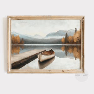 Herbst See Druck | Ruderboot druckbare Kunst | Vintage Stil Landschaft Gemälde | Herbstwald Kunstdruck | Rustikales Seehaus Dekor | P337