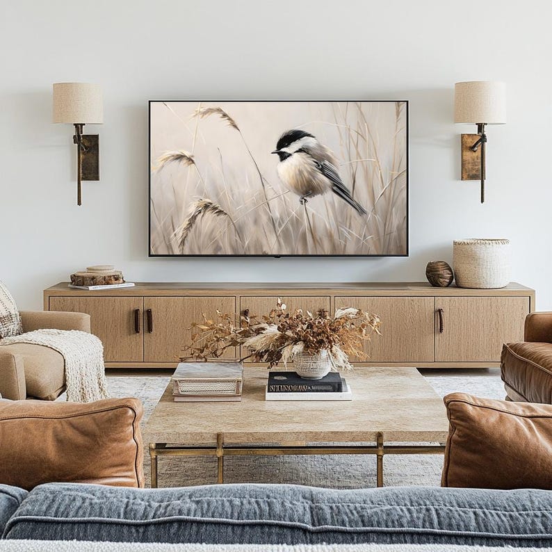 Fall Frame TV Art Vintage Bird Oil Painting Neutral Chickadee TV Art