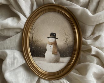 Neutral Holiday Snowman Print: Vintage Style Christmas Wall Art, Rustic Festive Snow Scene Art, Cozy Winter Landscape