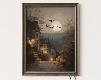Halloween-stadsafdruk | Spookachtig herfstdorp schilderij | Afdrukbare kunst humeurige vleermuizen | Donkere esthetische herfstpompoenkunst | Decor volle maan | P743